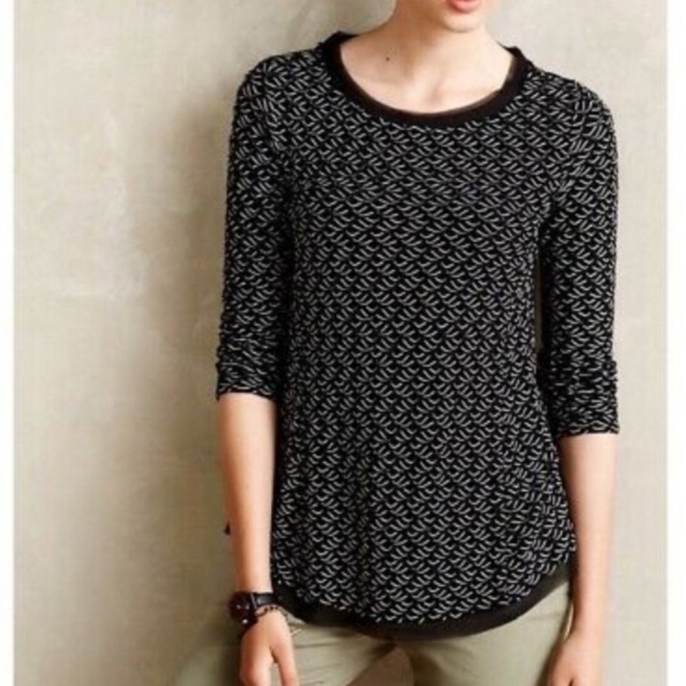 Anthropologie Postmark Black and White Textured Frayed Hem 3/4 Sleeve Top Sz S